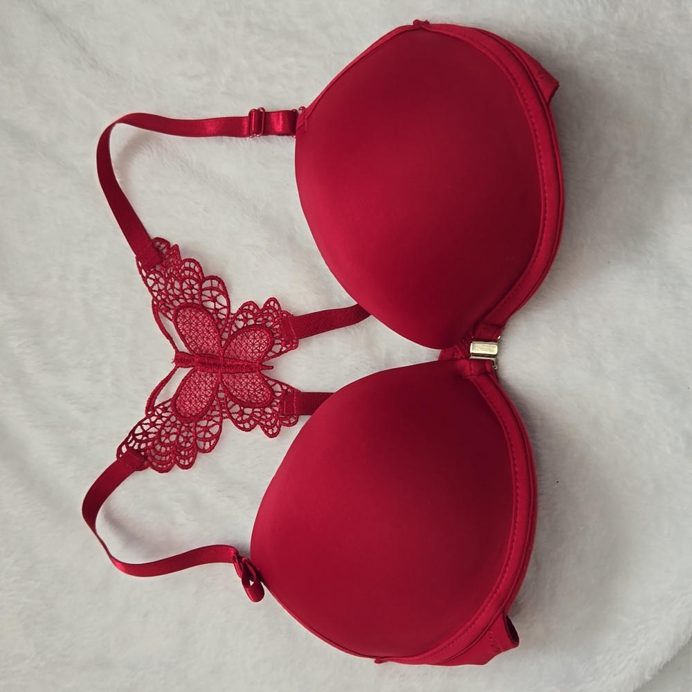 Sexy red front clasp push bra size XL butterfly detail